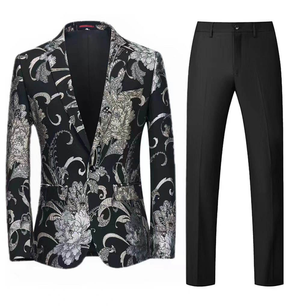 Damen Zweiteiliges Satin-Jacquard-Sakko mit floralem Muster und taillierter Passform sowie Slim-Fit Anzughose Drune