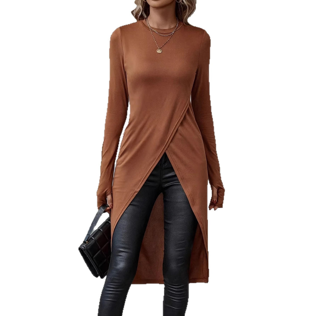 Damen Langes asymmetrisches Wickel-Tunika-Top mit Frontschlitz Drune