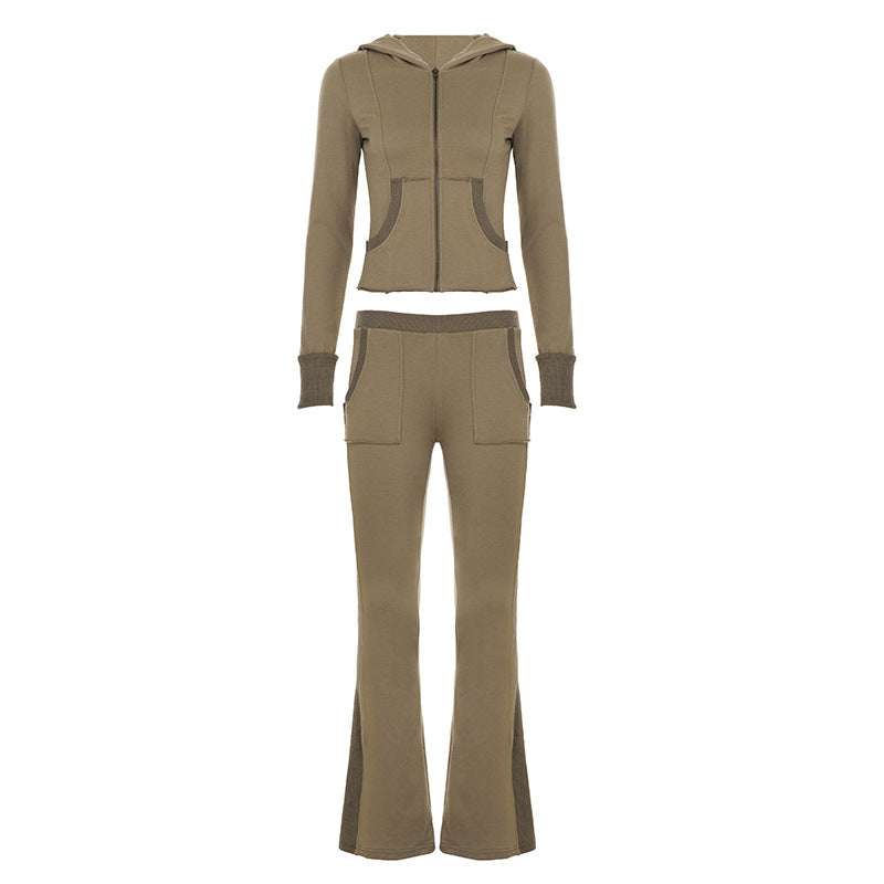 Damen nan Stretch-Flared-Hose mit hoher Taille, aufgesetzten Taschen und seitlichen Einsatzbahnen Drune