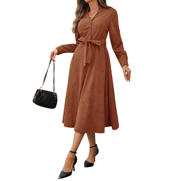 Damen Midi-Kleid mit Taillengürtel und Knopfleiste Drune
