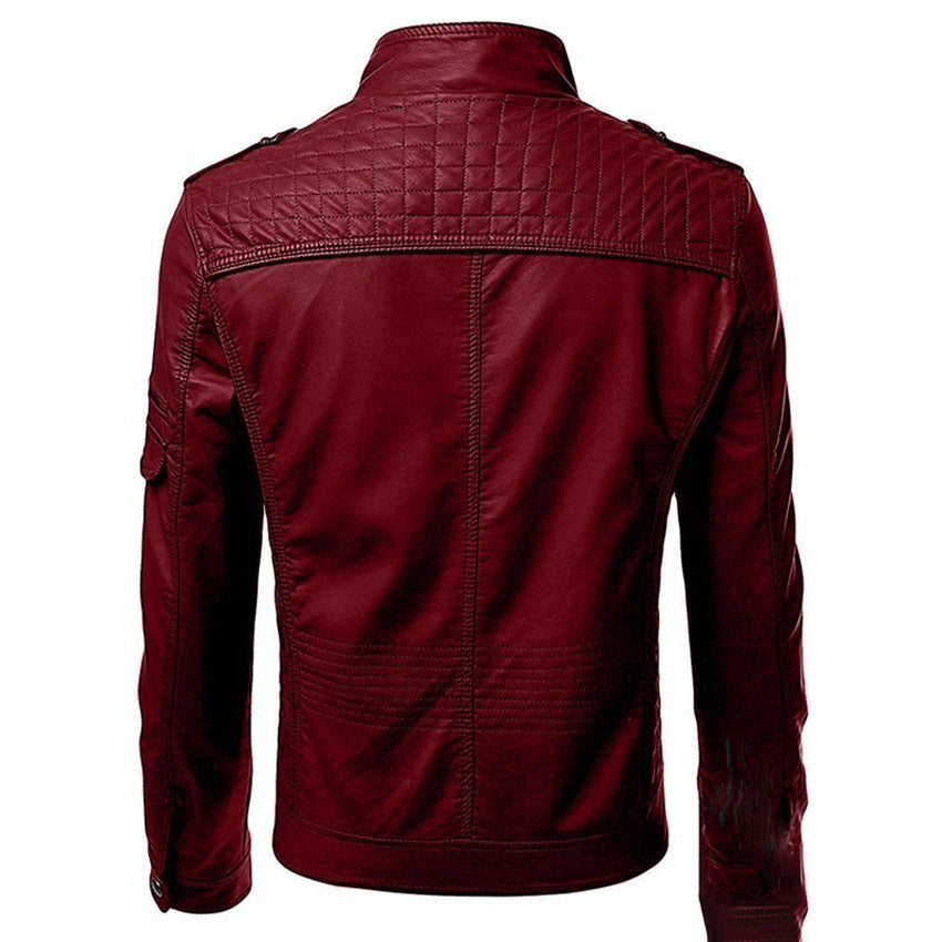 Herren Kunstleder-Bikerjacke mit Stehkragen, Ziernähten und Reißverschlusstaschen Drune