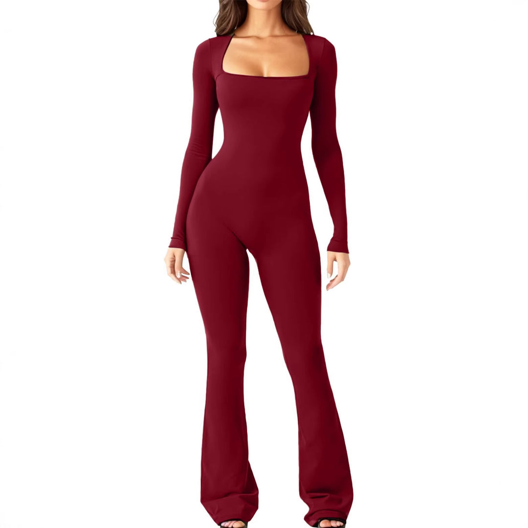 Damen figurbetontes Jumpsuit mit quadratischem Ausschnitt, langen Ärmeln und ausgestellt Bein Drune