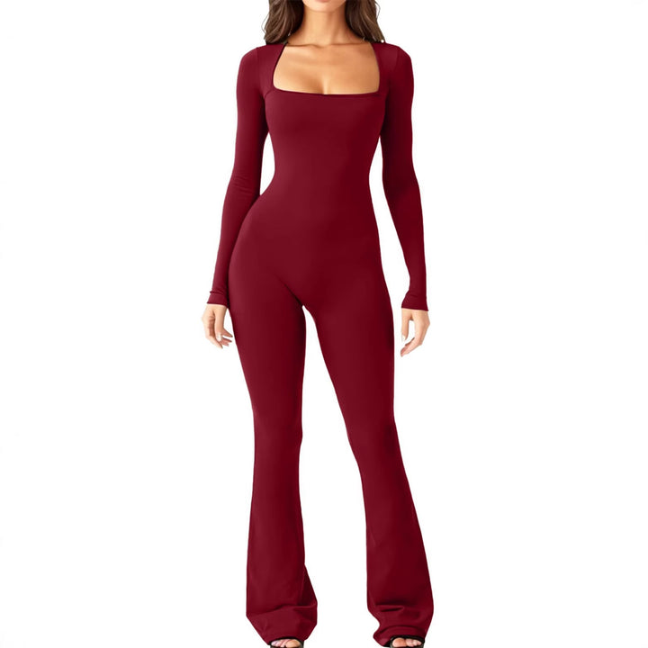 Damen figurbetontes Jumpsuit mit quadratischem Ausschnitt, langen Ärmeln und ausgestellt Bein Drune