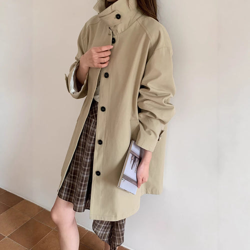 Damen Boxy-Kurzmantel mit hohem Stehkragen sichtbarer Knopfverschluss und seitlichen Eingrifftaschen Drune