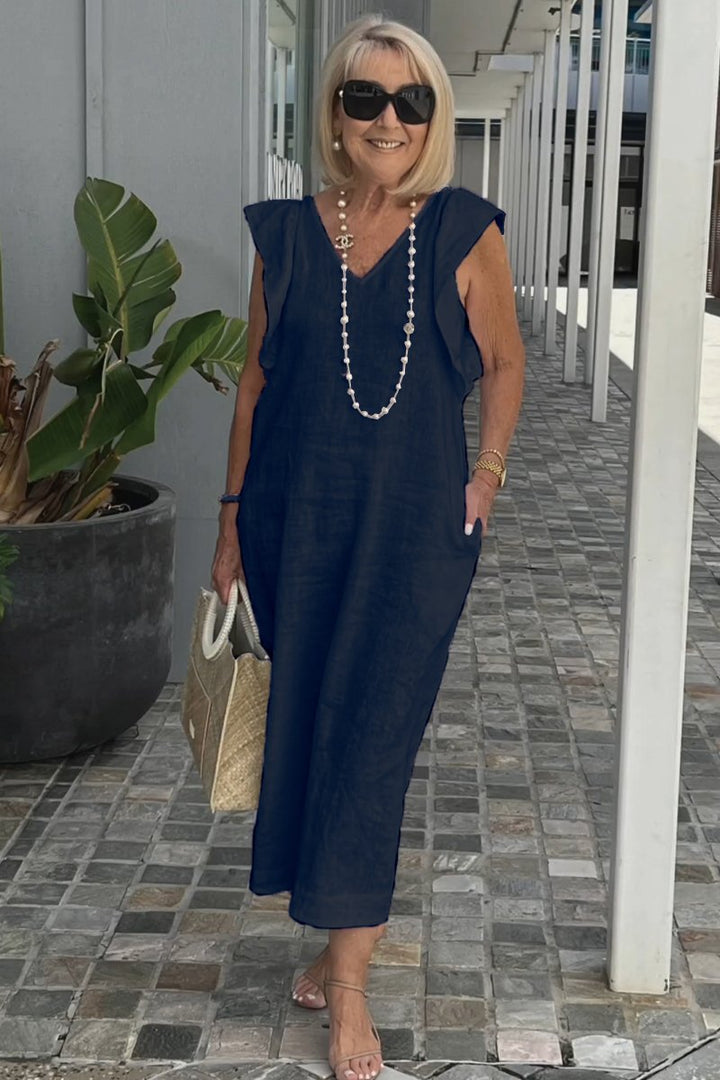 Damen Maxikleid mit V-Ausschnitt und angeschnittenem Ärmel Drune