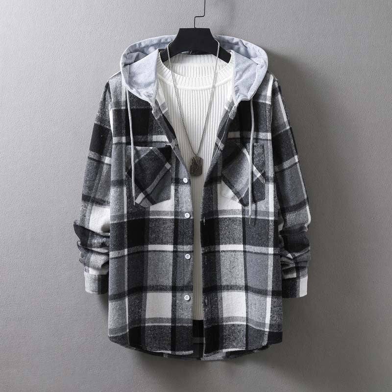 Herren lässige Karojacke mit Kapuze und funktionalen Taschen Drune