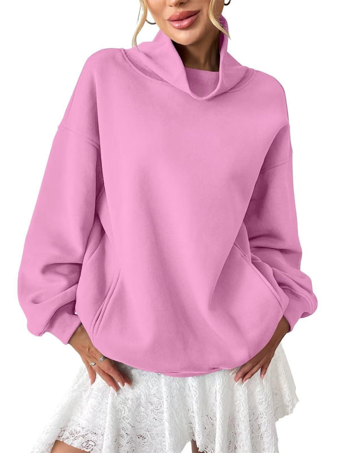 Damen Lässiges Oversize-Sweatshirt mit Schlauchkragen und Kängurutasche Drune