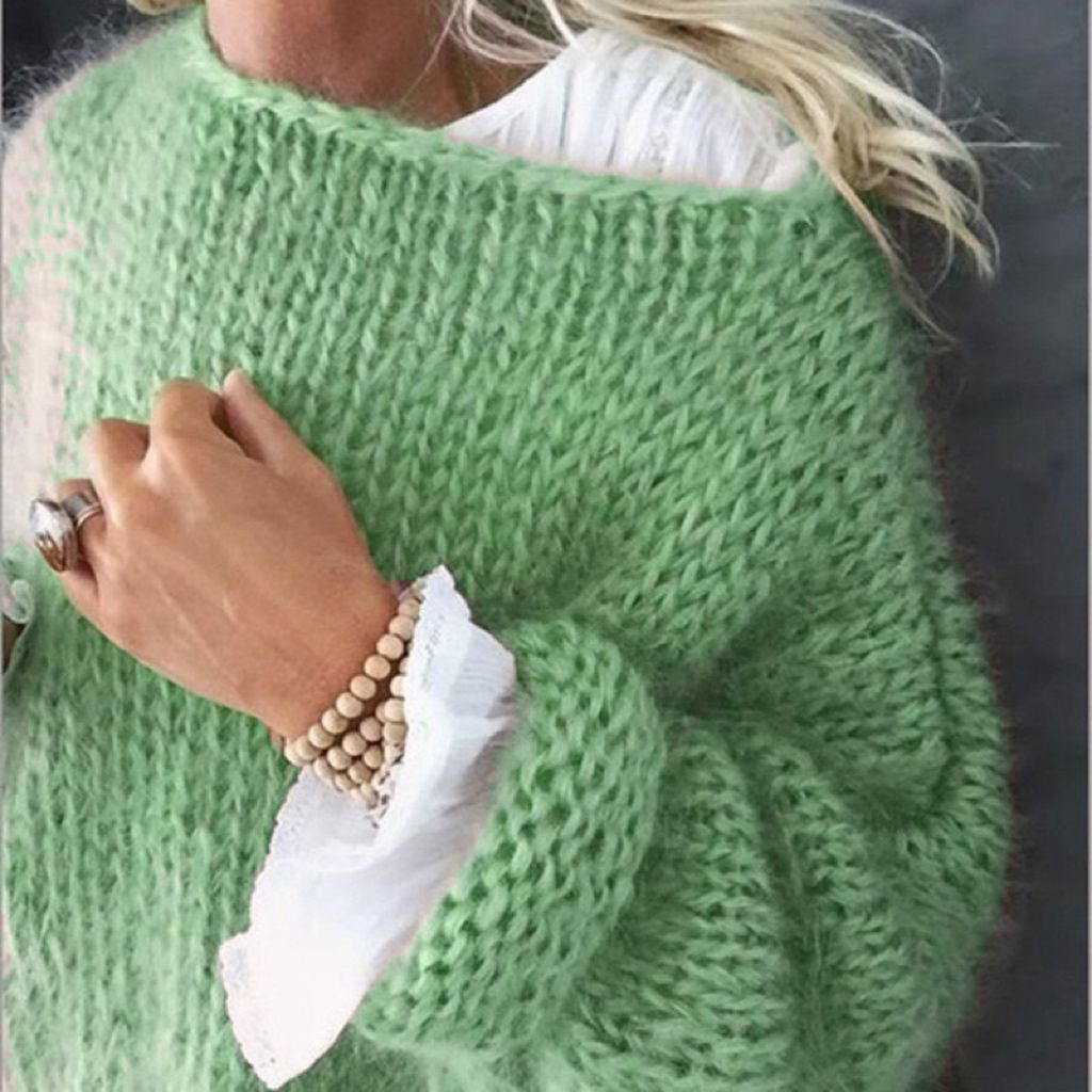 Damen Kurzgeschnitteter flauschiger Grobstrickpullover mit überschnittener Schulter Drune