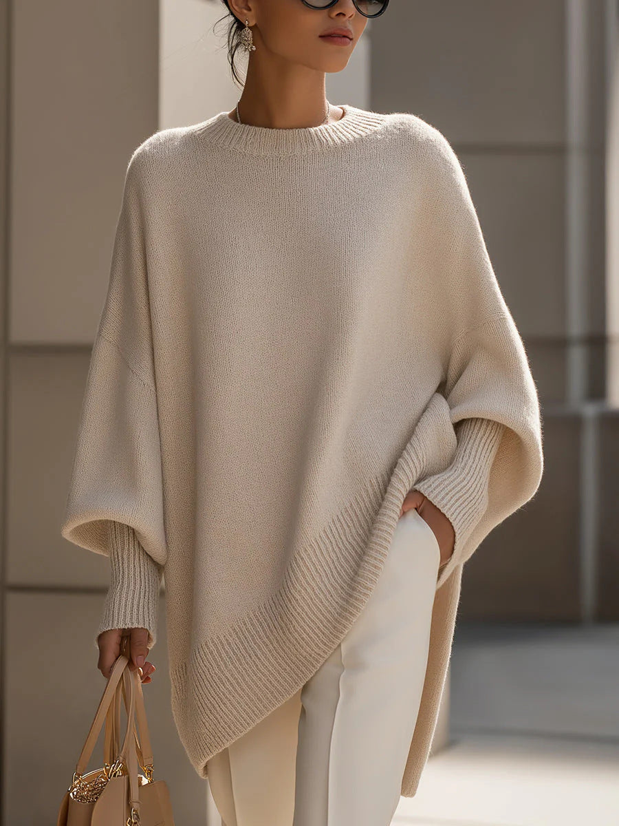 Damen nan Oversize Strickponcho mit asymmetrischem Saum und gerippten Ärmeln Drune