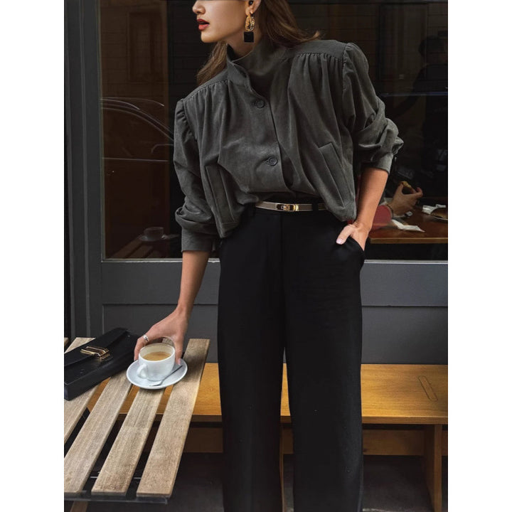 Damen elegante Jacke mit strukturierten Puffärmeln und Knopfdetail Drune