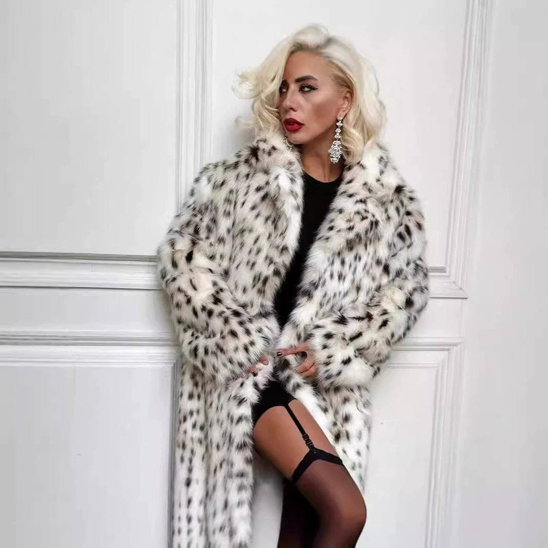 Damen langer Oversize Kunstpelzmantel mit Leopardenmuster und breitem Revers Drune
