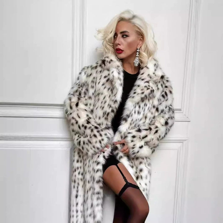 Damen langer Oversize Kunstpelzmantel mit Leopardenmuster und breitem Revers Drune