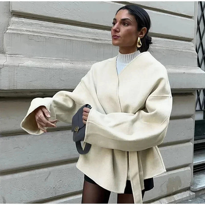 Damen trendige Wickeljacke aus weichem Stoff mit Gürtel und langen Ärmeln Drune