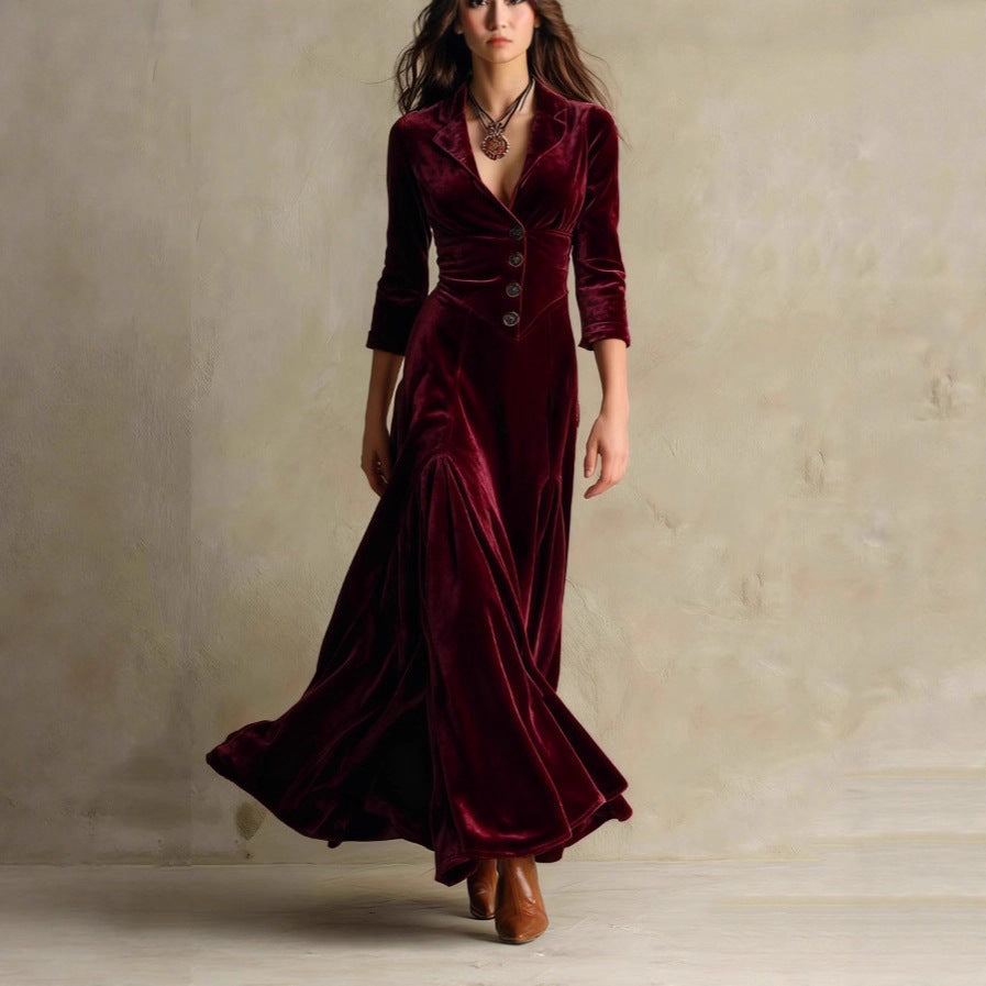 Damen Samt-Midaxi-Kleid mit tailliertem Sakko-Oberteil, V-Ausschnitt und weitem Stufenrock Drune