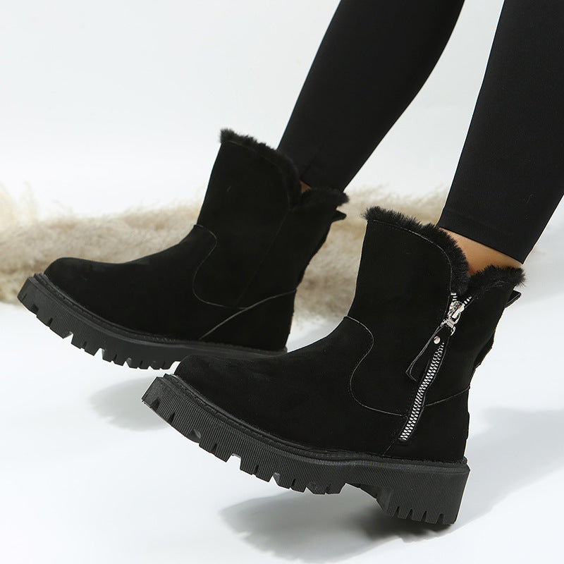 Damen Kurzschaft-Stiefelette mit Teddy‑Umschlag, Veloursoptik und Chunky‑Lug‑Sohle Drune