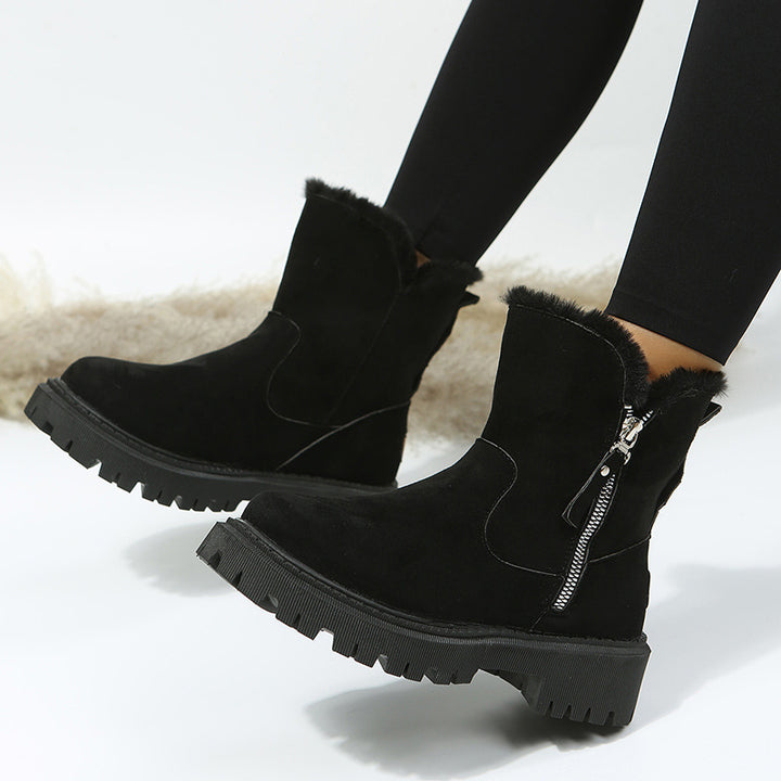 Damen Kurzschaft-Stiefelette mit Teddy‑Umschlag, Veloursoptik und Chunky‑Lug‑Sohle Drune