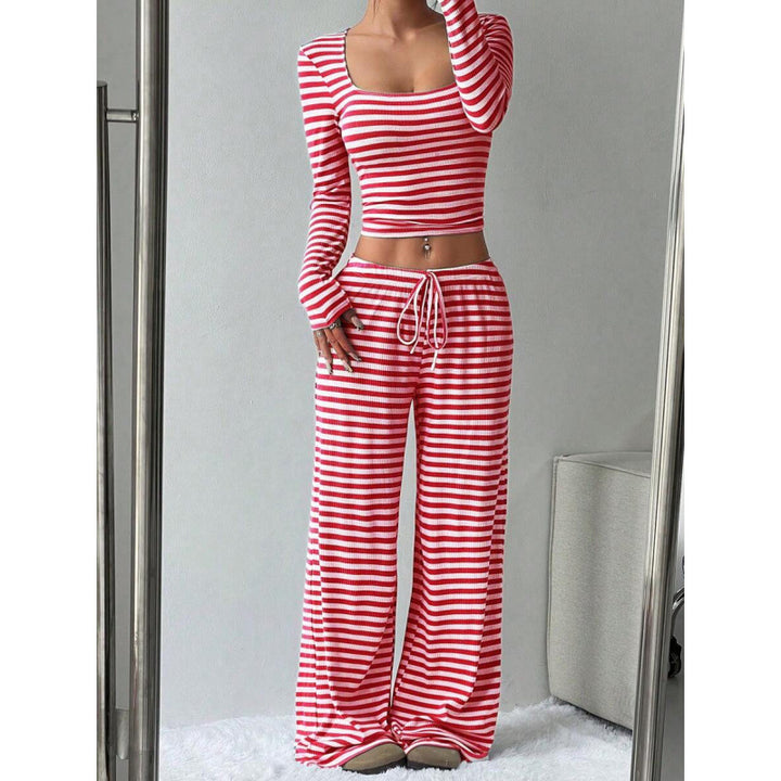 Damen Gestreifter Lounge-Zweiteiler mit weitem Bein und Cropped Langarmtop Drune