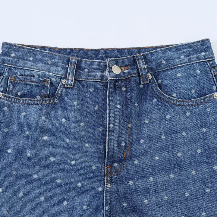 Damen High‑Waist Mom‑Jeans mit tapered Bein und dezentem Punkte‑Print Drune
