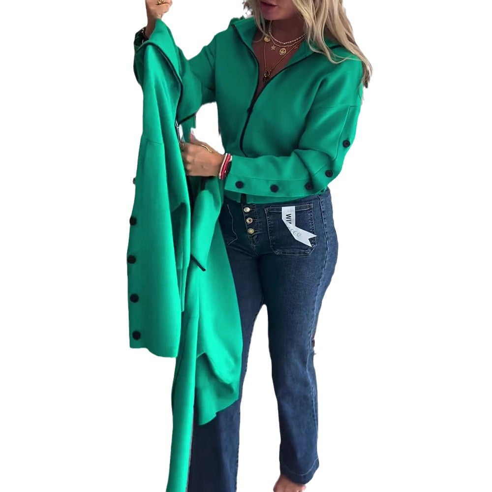 Damen nan kurze Kapuzen-Strickzipjacke mit breitem Rippbund und Zierknöpfen an Ärmeln Drune