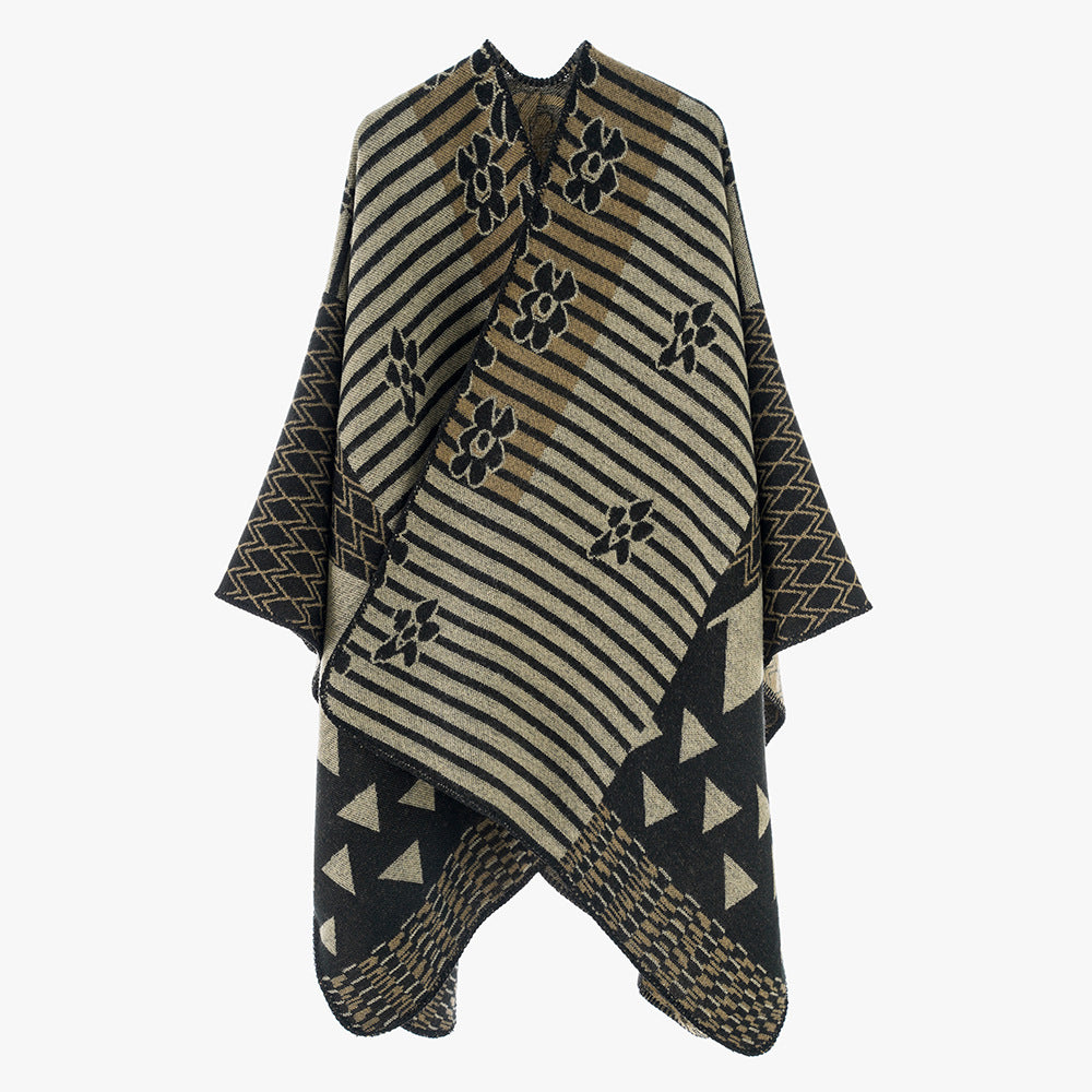 Damen Vielseitiger Strickponcho im Patchwork-Jacquard mit V-Ausschnitt und asymmetrischem Zipfelsaum Drune