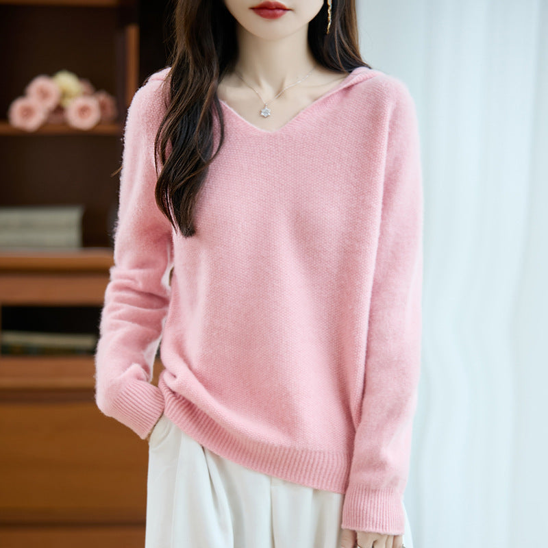 Damen Weicher Mohair‑Optik Kapuzenpullover mit V‑Ausschnitt und geripptem Saum Drune