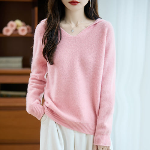 Damen Weicher Mohair‑Optik Kapuzenpullover mit V‑Ausschnitt und geripptem Saum Drune