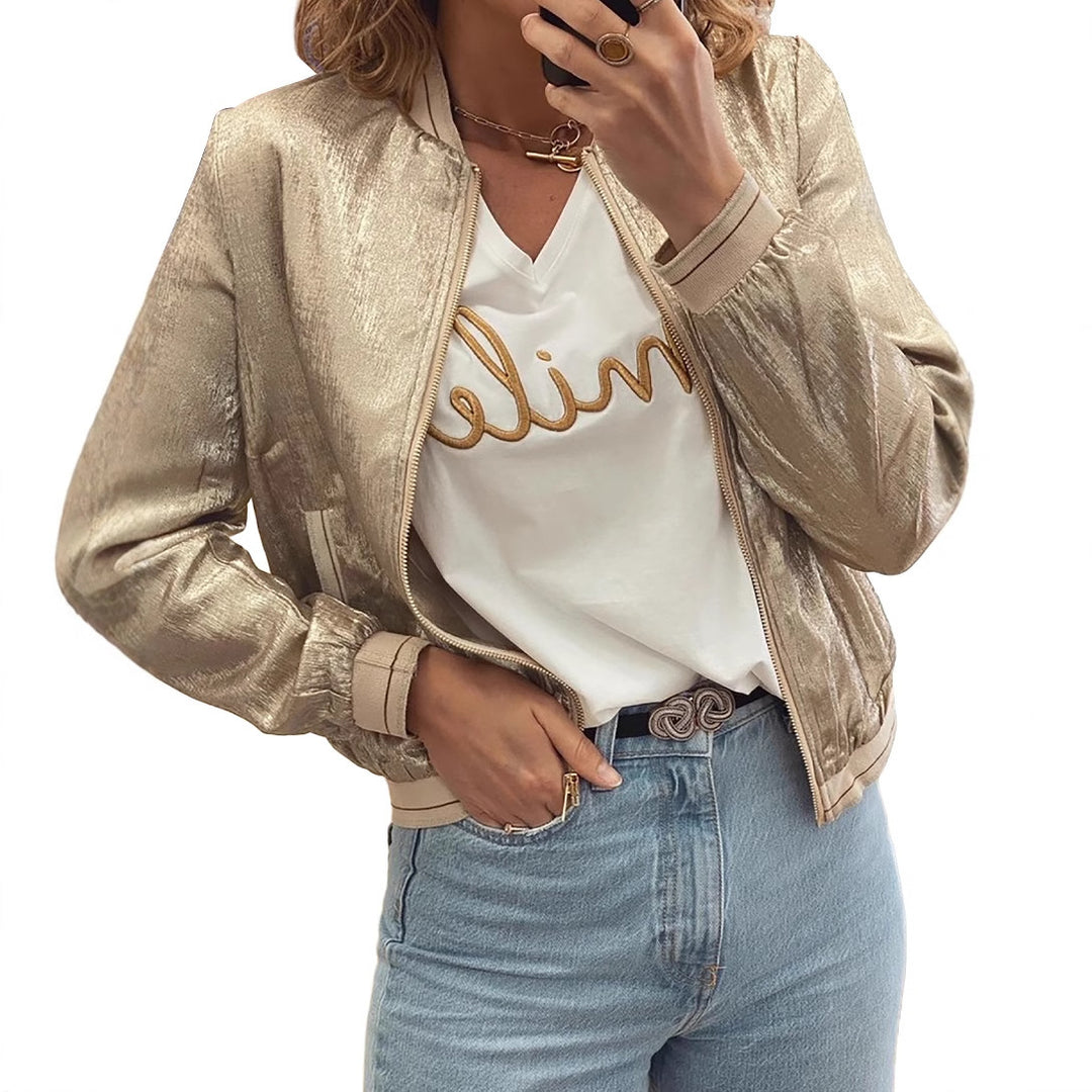 Damen glänzende Bomberjacke mit trendigen Rippdetails und praktischen Taschen Drune