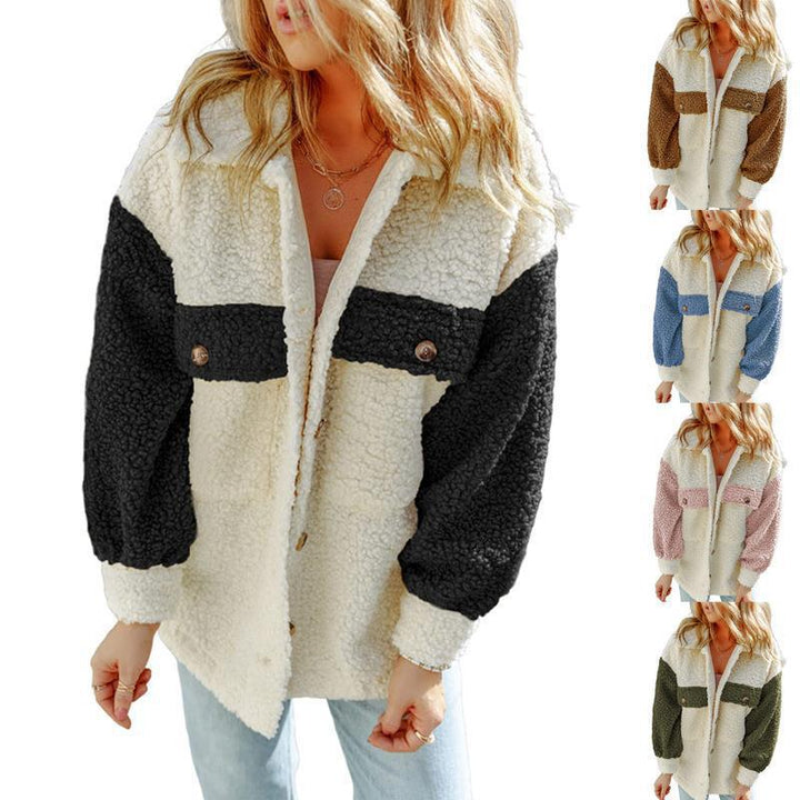 Damen nan oversized Teddy-Hemdjacke mit Kontraststreifen, aufgesetzten Brusttaschen und sichtbarer Knopfleiste Drune