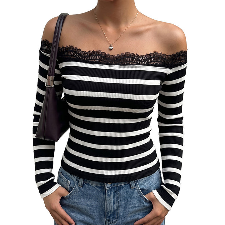 Damen Off-Shoulder Streifenoberteil mit Spitzenrand Drune