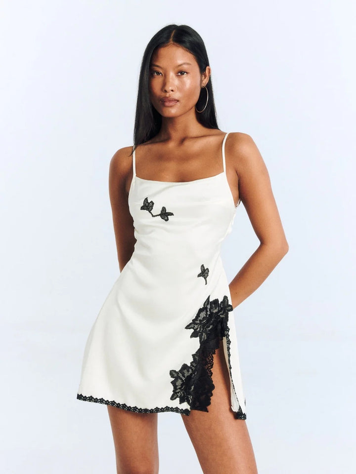 Damen Mini-Kleid mit filigraner Spitze und bestickten Schmetterlingen Drune