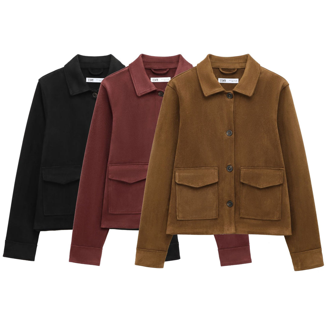 Damen Kurze Wildlederoptik-Jacke mit aufgesetzten Klappentaschen Drune