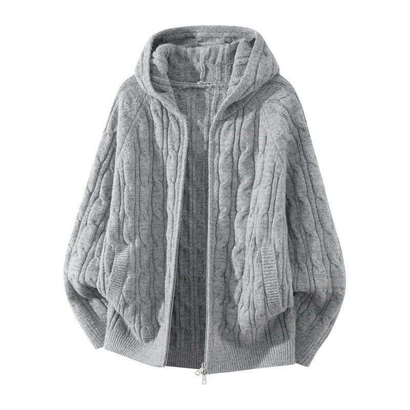 Damen Oversize Zopfstrick-Kapuzencardigan mit durchgehendem Reißverschluss und Ballonärmeln Drune