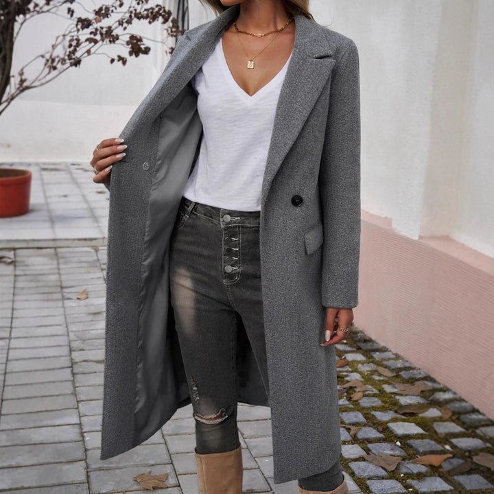 Damen modischer Langmantel mit doppelter Knopfleiste und Taschen Drune