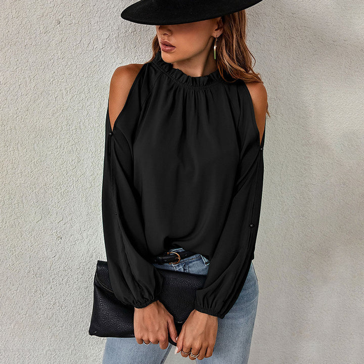 Damen schickes Oberteil mit schulterfreien Einsätzen und eleganten Rüschendetails Drune