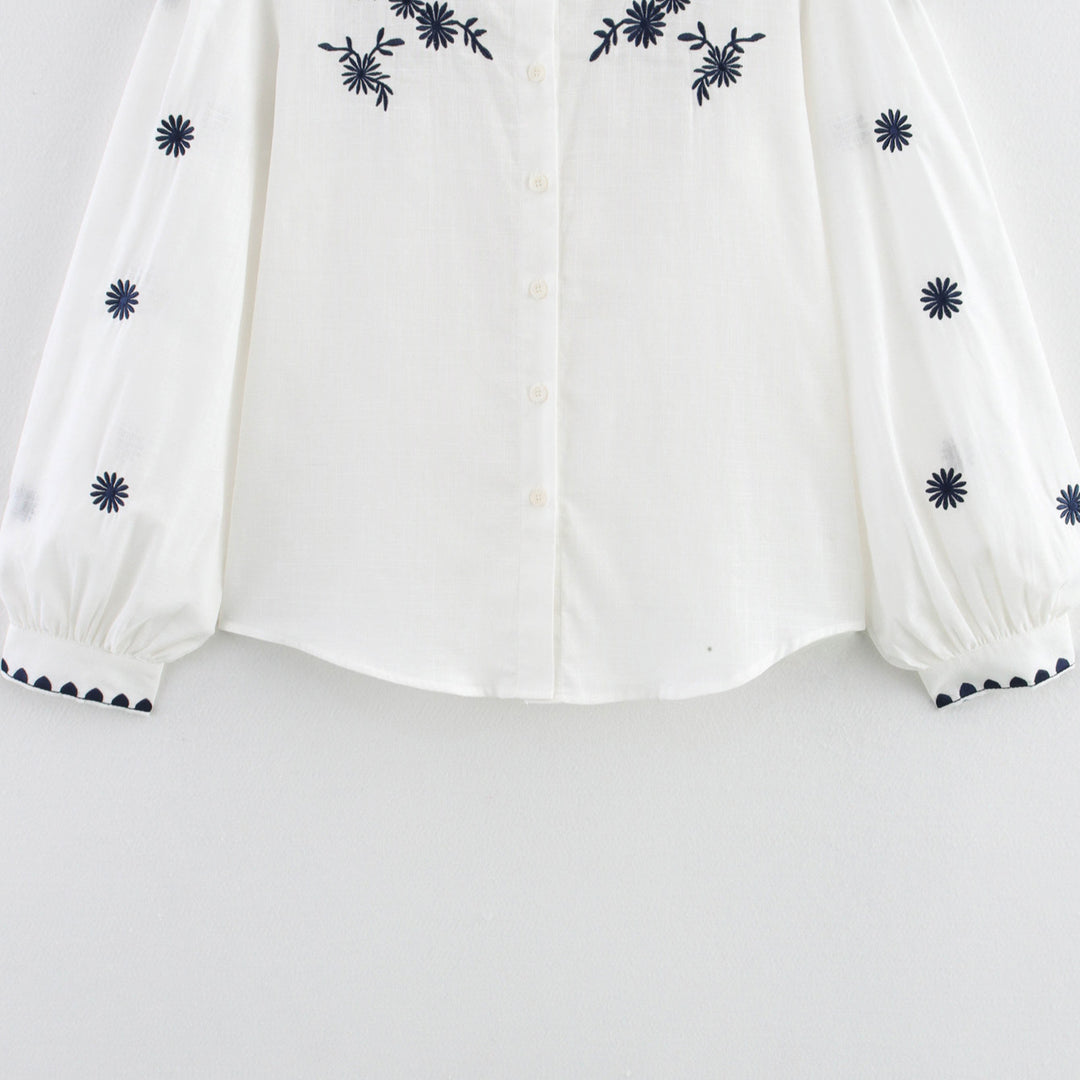 Damen Bestickte Bluse mit Stehkragen und langen Ärmeln Drune