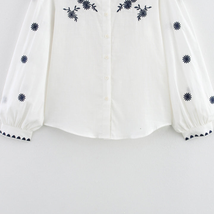 Damen Bestickte Bluse mit Stehkragen und langen Ärmeln Drune