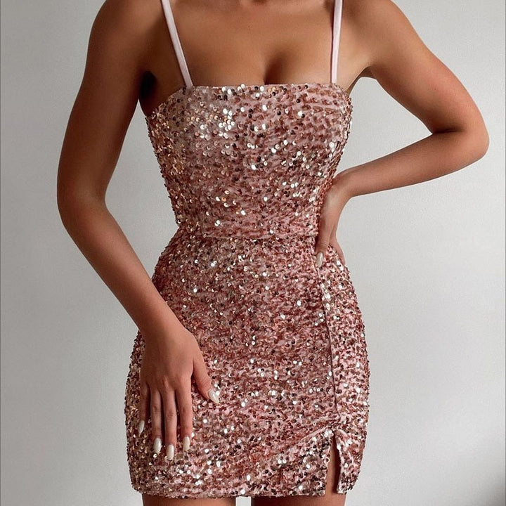 Damen Glitzerndes Minikleid mit schulterfreiem Design und seitlichem Schlitz Drune