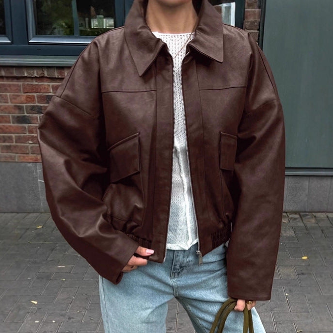 Damen Kunstlederjacke im leicht Oversized-Schnitt mit praktischen Taschen und elastischer Taille Drune