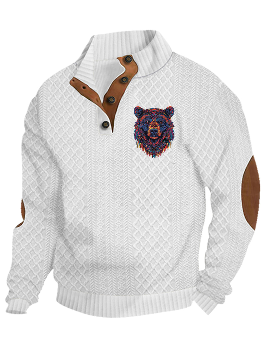Herren nan Heritage-Strukturpullover mit Stehkragen Lederimitat-Besatz Ellenbogen-Patches und Halbknopfleiste Drune