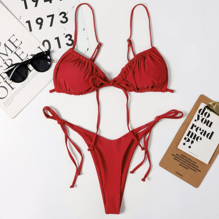 Damen Tiefer Ausschnitt Triangel-Bikini mit verspielten Bindebändern Drune