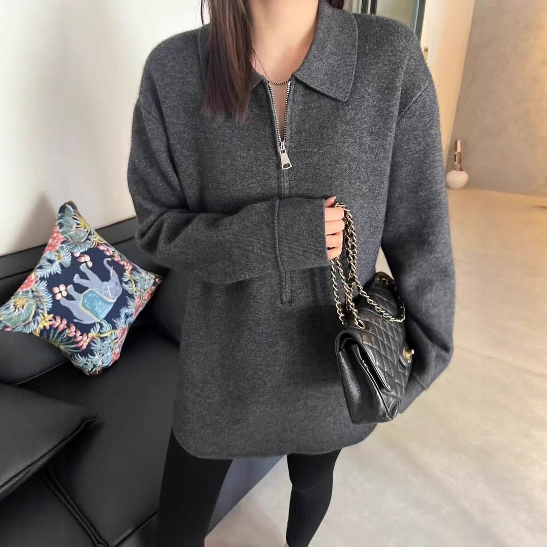 Damen Modischer Pullover mit Reißverschluss und Kragen Drune