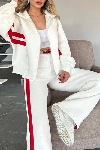 Drune | Gestreifte Zip up Cropped Sweatshirtjacke und Sporthose Zwei Teile Satz