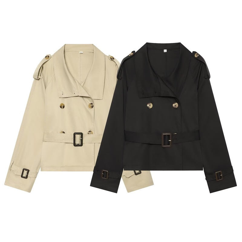 Damen Kurzer Boxy-Trench mit Doppelreiher, Taillengürtel und Schulterklappen Drune