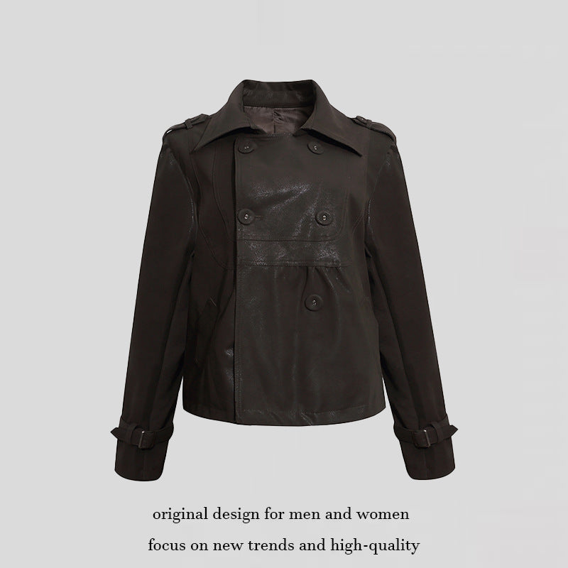 Damen Cropped Doppelreihige Lederjacke im Trenchstil mit Schulterklappen Drune