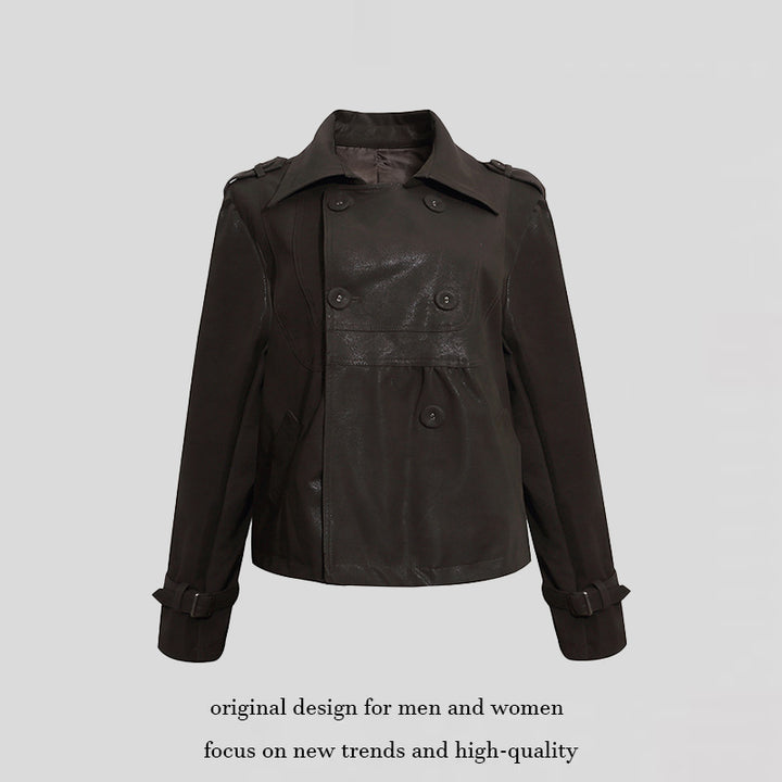Damen Cropped Doppelreihige Lederjacke im Trenchstil mit Schulterklappen Drune