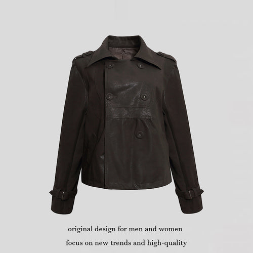 Damen Cropped Doppelreihige Lederjacke im Trenchstil mit Schulterklappen Drune