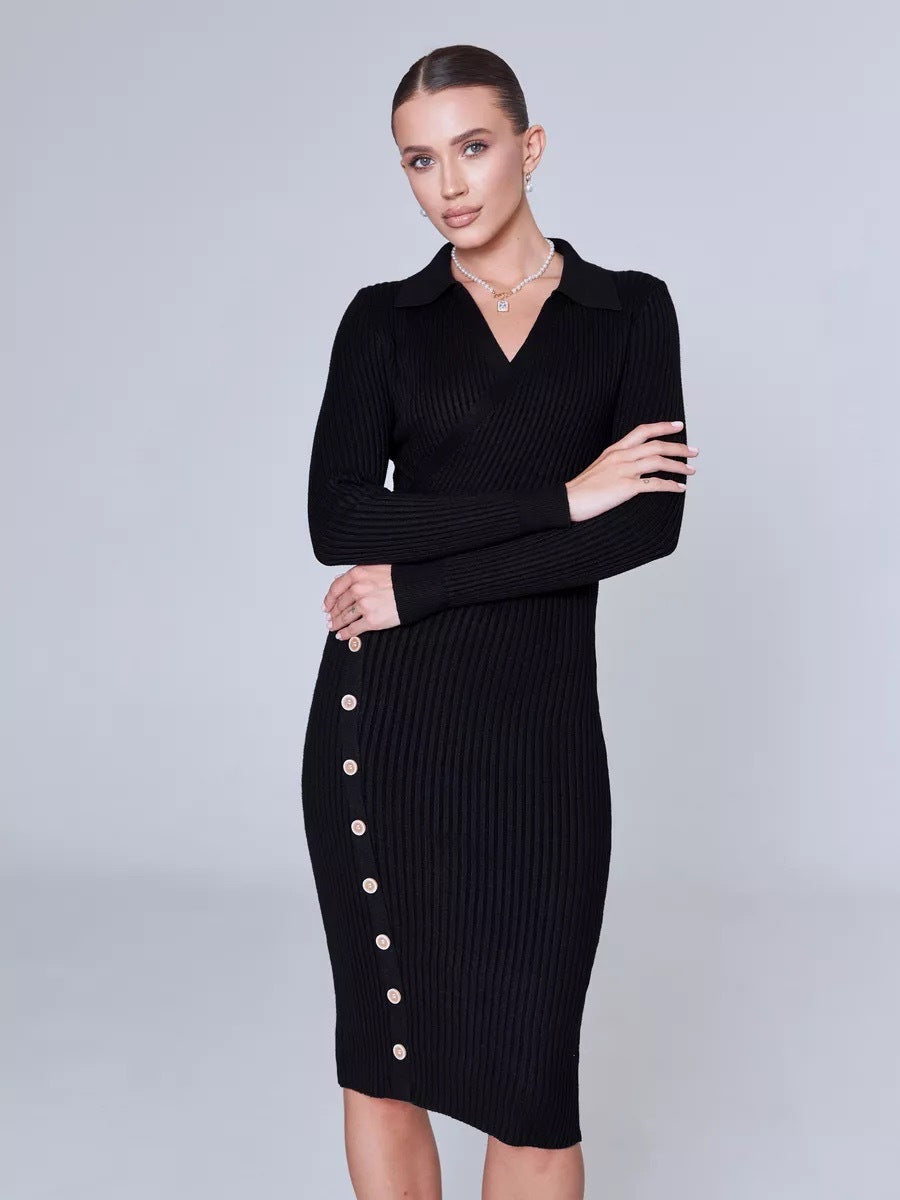 Damen Strickkleid mit elegantem V-Ausschnitt und Knopfdetails Drune