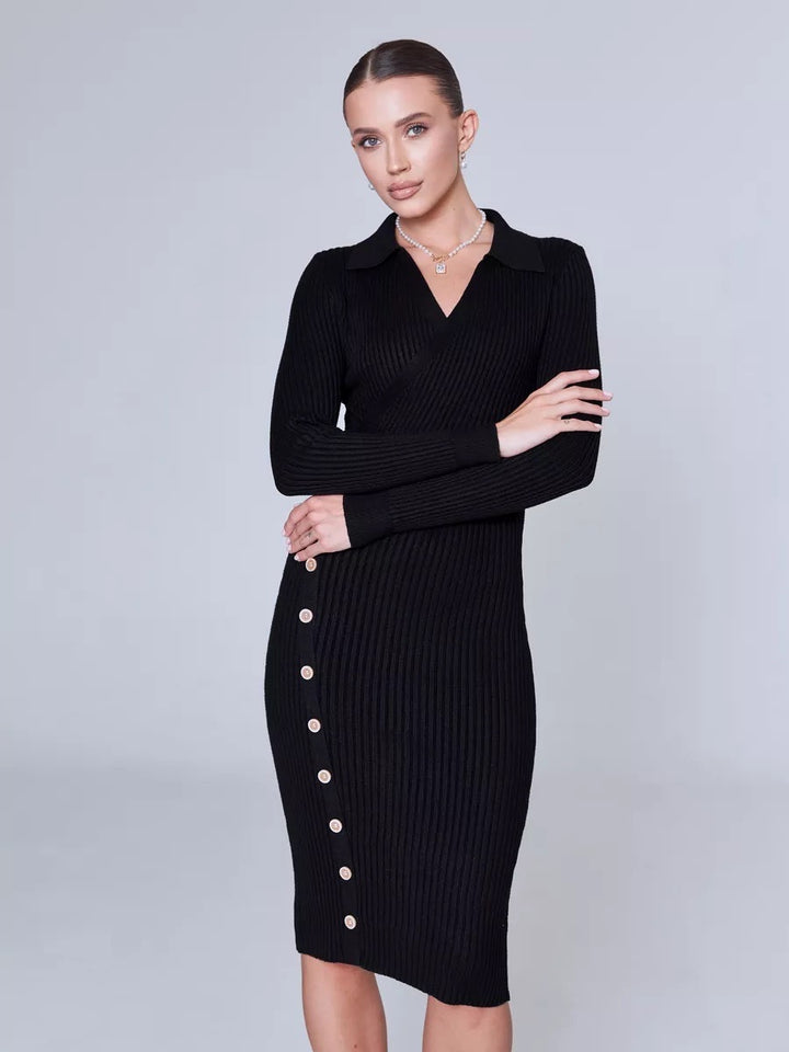 Damen Strickkleid mit elegantem V-Ausschnitt und Knopfdetails Drune
