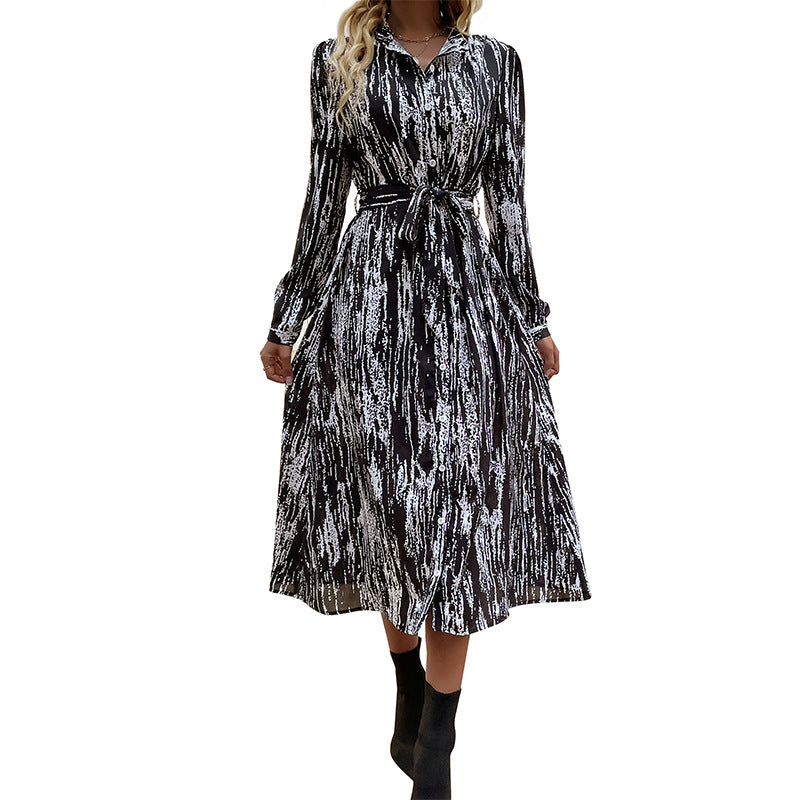 Damen Hemdblusen‑Midikleid mit Bindegürtel, durchgehender Knopfleiste und abstraktem Pinselprint Drune