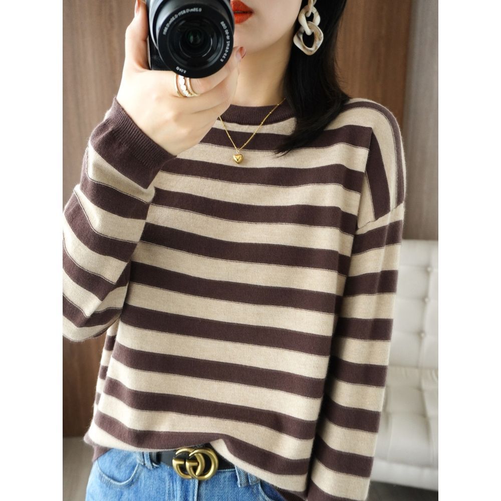 Damen lässiger Strickpullover mit breiten Streifen Drune